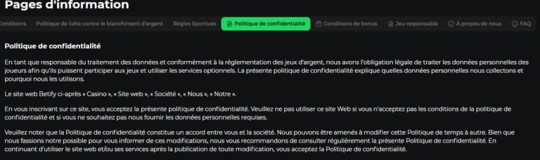 Betify Casino politique confidentialité